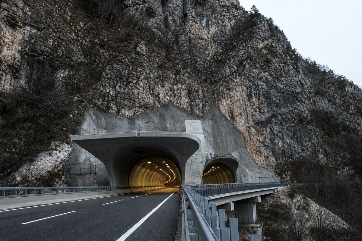 Motorway viaduct and tunnel portal in sequence along an autostrada in Italy: Apennine limestone ridge, twin concrete motorway portals with a projecting canopy, in cold clear light. (AI-generated image)