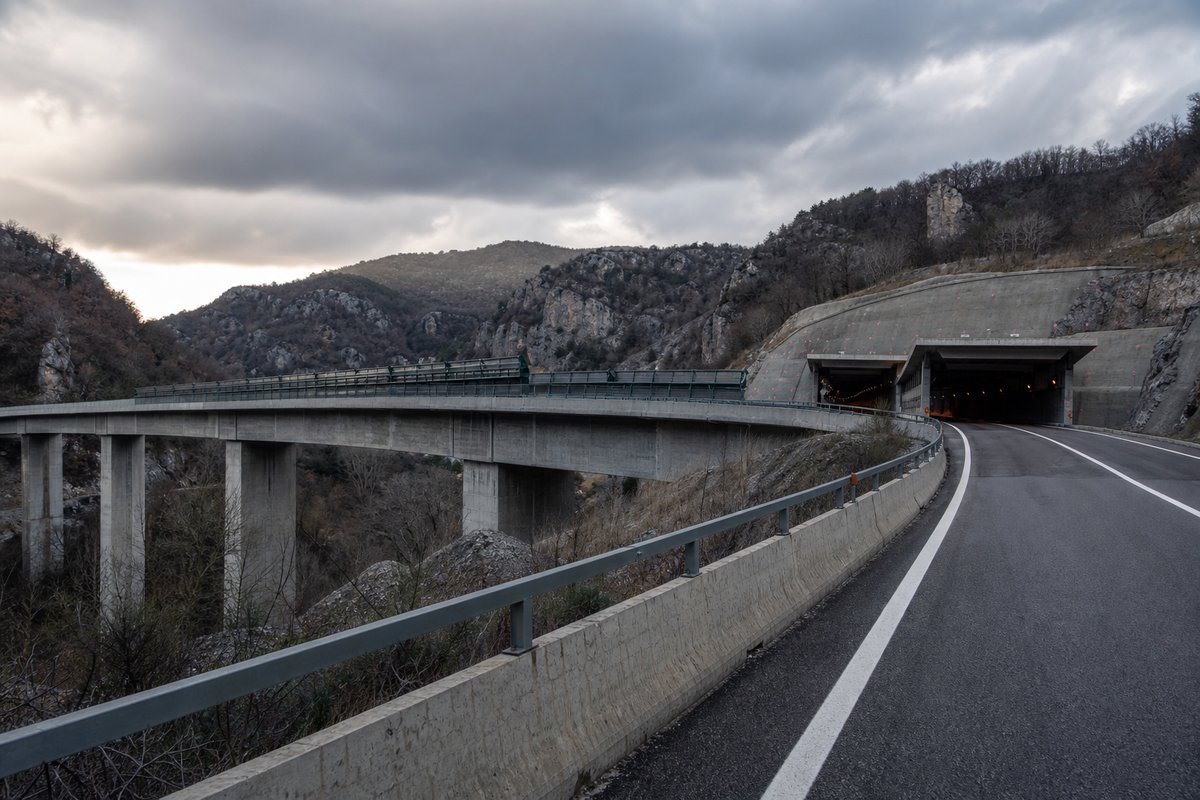 Motorway viaduct and tunnel portal in sequence along an autostrada in Italy: Apennine limestone ridge, twin concrete motorway portals with a projecting canopy. (AI-generated image)