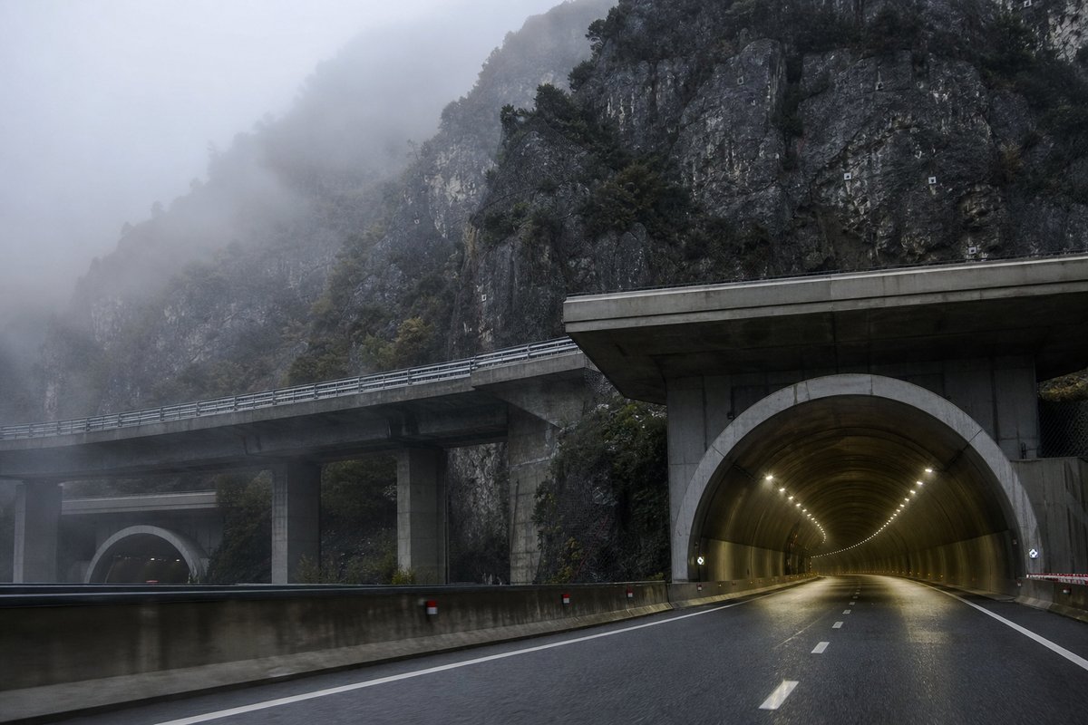 Motorway viaduct and tunnel portal in sequence along an autostrada in Italy: Apennine limestone ridge, twin concrete motorway portals with a projecting canopy, in drifting mist. (AI-generated image)