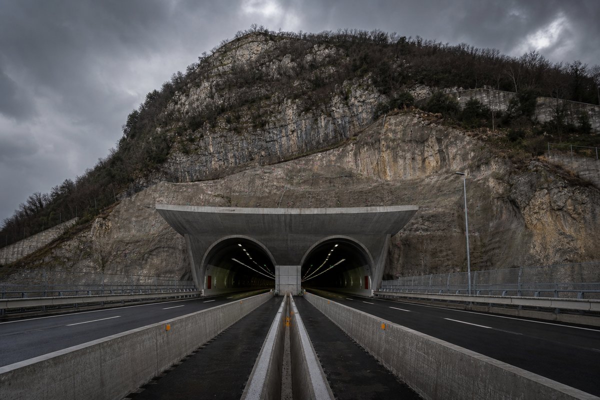 Motorway viaduct and tunnel portal in sequence along an autostrada in Italy: Apennine limestone ridge, twin concrete motorway portals with a projecting canopy. (AI-generated image)