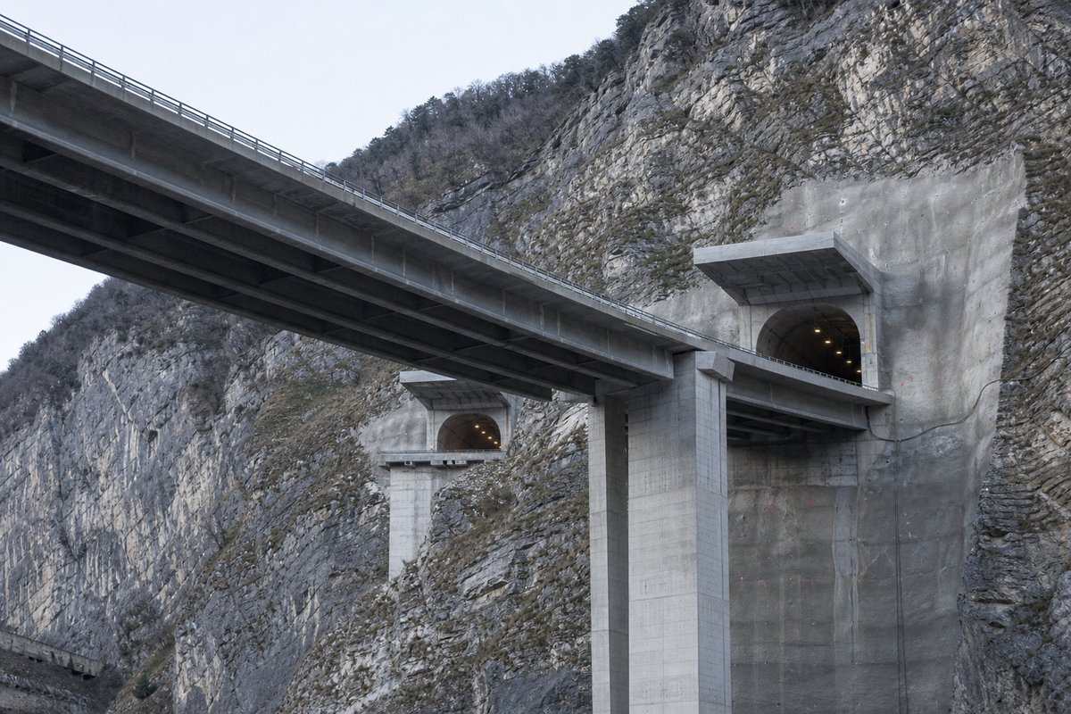 Long concrete box-girder viaduct on tall piers, seen from below in Italy: Apennine limestone ridge, twin concrete motorway portals with a projecting canopy, in cold clear light. (AI-generated image)
