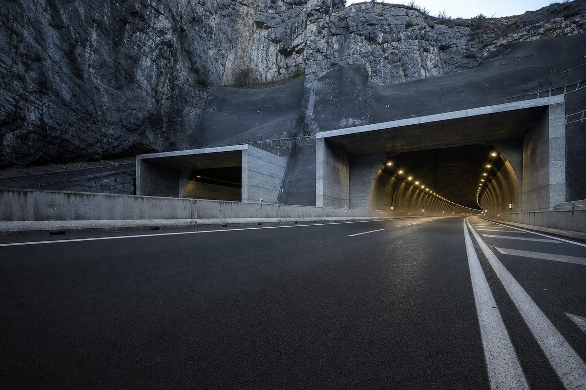 Motorway viaduct and tunnel portal in sequence along an autostrada in Italy: Apennine limestone ridge, twin concrete motorway portals with a projecting canopy. (AI-generated image)