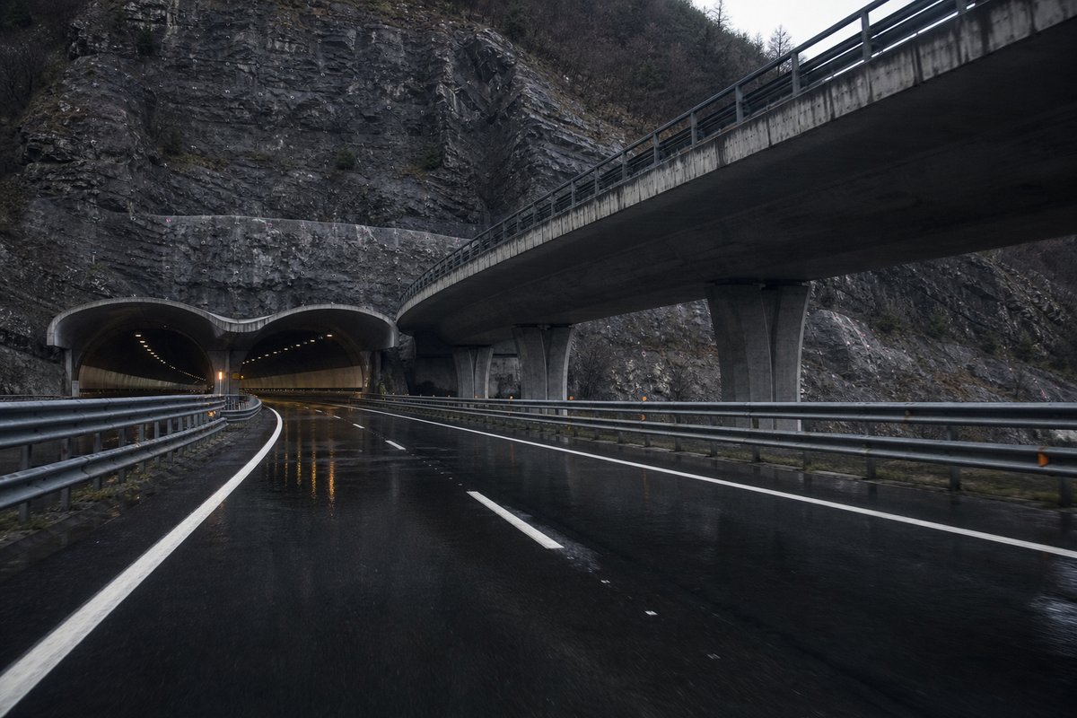 Motorway viaduct and tunnel portal in sequence along an autostrada in Italy: Apennine limestone ridge, twin concrete motorway portals with a projecting canopy, after rain. (AI-generated image)