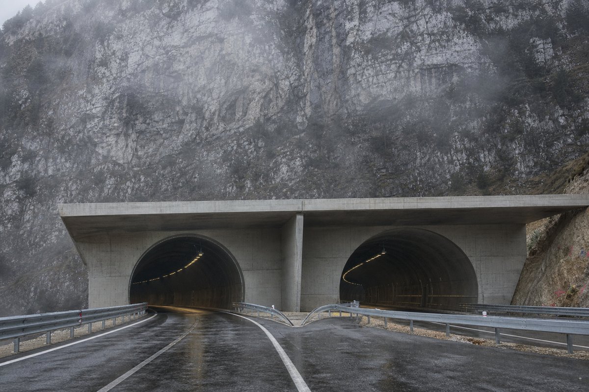 Road tunnel portal in Italy: Apennine limestone ridge, twin concrete motorway portals with a projecting canopy, in drifting mist, shot at 35mm. (AI-generated image)