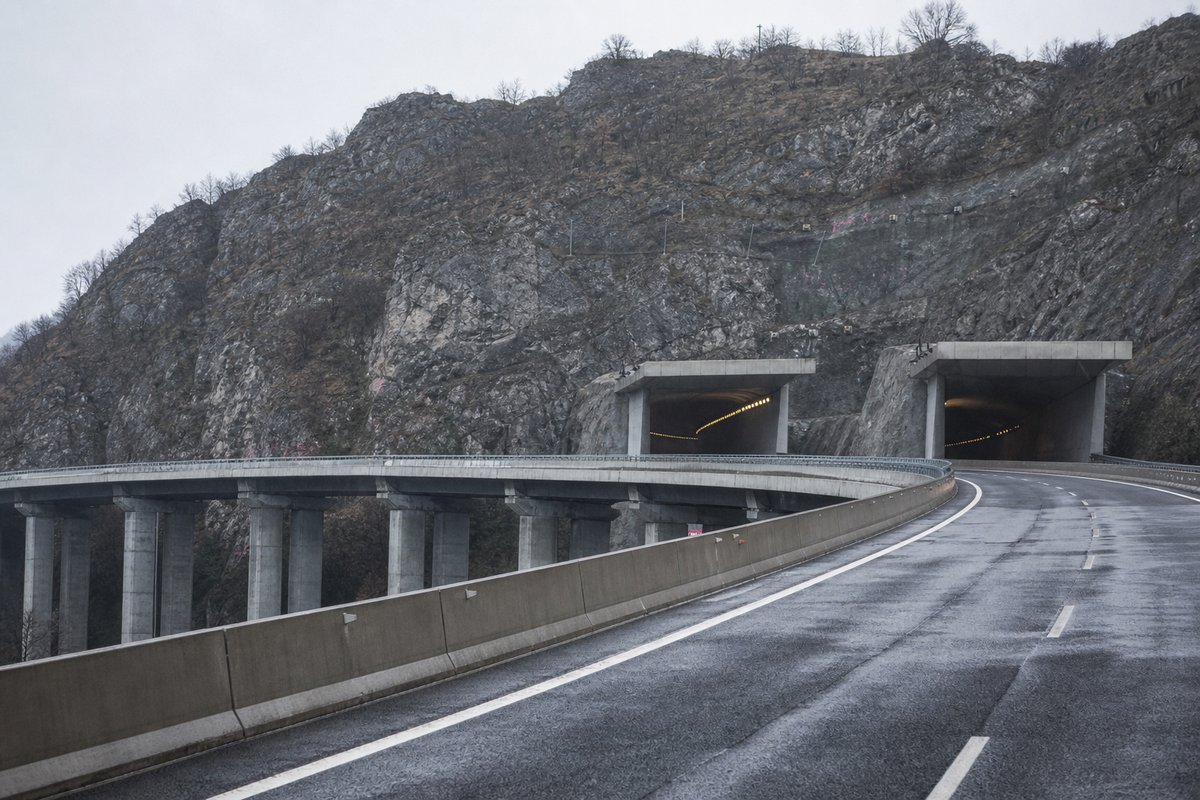 Motorway viaduct and tunnel portal in sequence along an autostrada in Italy: Apennine limestone ridge, twin concrete motorway portals with a projecting canopy. (AI-generated image)