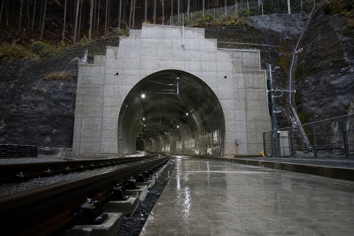 Railway tunnel portal with track running in in Japan: forested volcanic ridge, a precise concrete rail portal with catenary wires, after rain, everything wet and reflective. (AI-generated image)