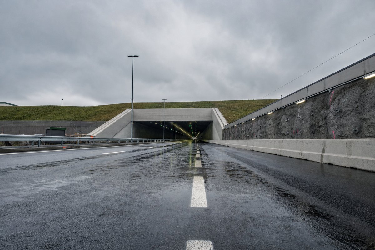 Road tunnel portal in the Netherlands: a mountainous transport corridor, under low grey cloud, a low camera position near the road surface. (AI-generated image)