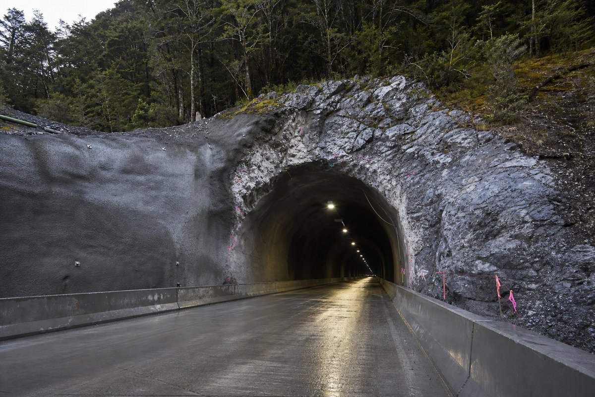 Road tunnel portal in New Zealand: Southern Alps beech forest with an unlined rock tunnel mouth, in hard low winter sun, shot wide at 24mm. (AI-generated image)