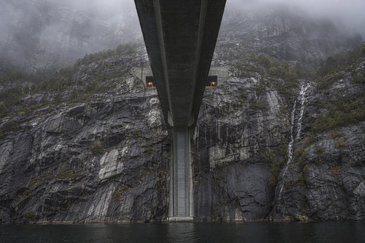 Long concrete box-girder viaduct on tall piers, seen from below in Norway: steep granite fjord wall, dark water below, a rock-cut tunnel portal with no decoration. (AI-generated image)