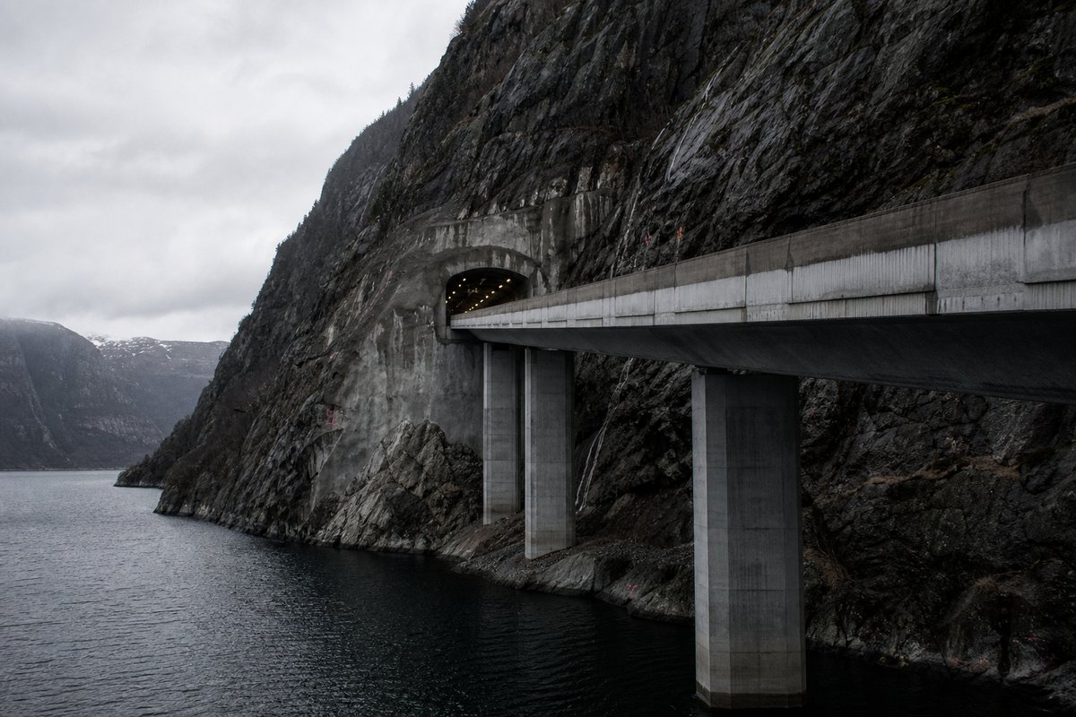 Long concrete box-girder viaduct on tall piers, seen from below in Norway: steep granite fjord wall, dark water below, a rock-cut tunnel portal with no decoration. (AI-generated image)