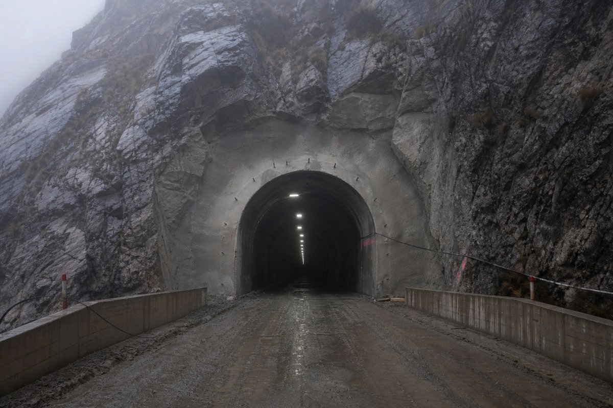 Road tunnel portal in Peru: high Andean rock face with a narrow mining-era road tunnel, in thin morning fog, a dead-centre symmetrical composition. (AI-generated image)
