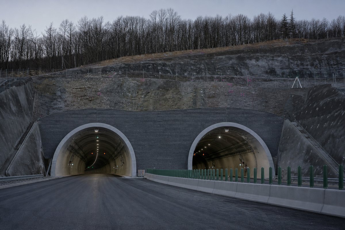Road tunnel portal in Poland: Beskid foothills with a new twin-bore motorway portal, in cold clear light, shot at 50mm, compressed. (AI-generated image)