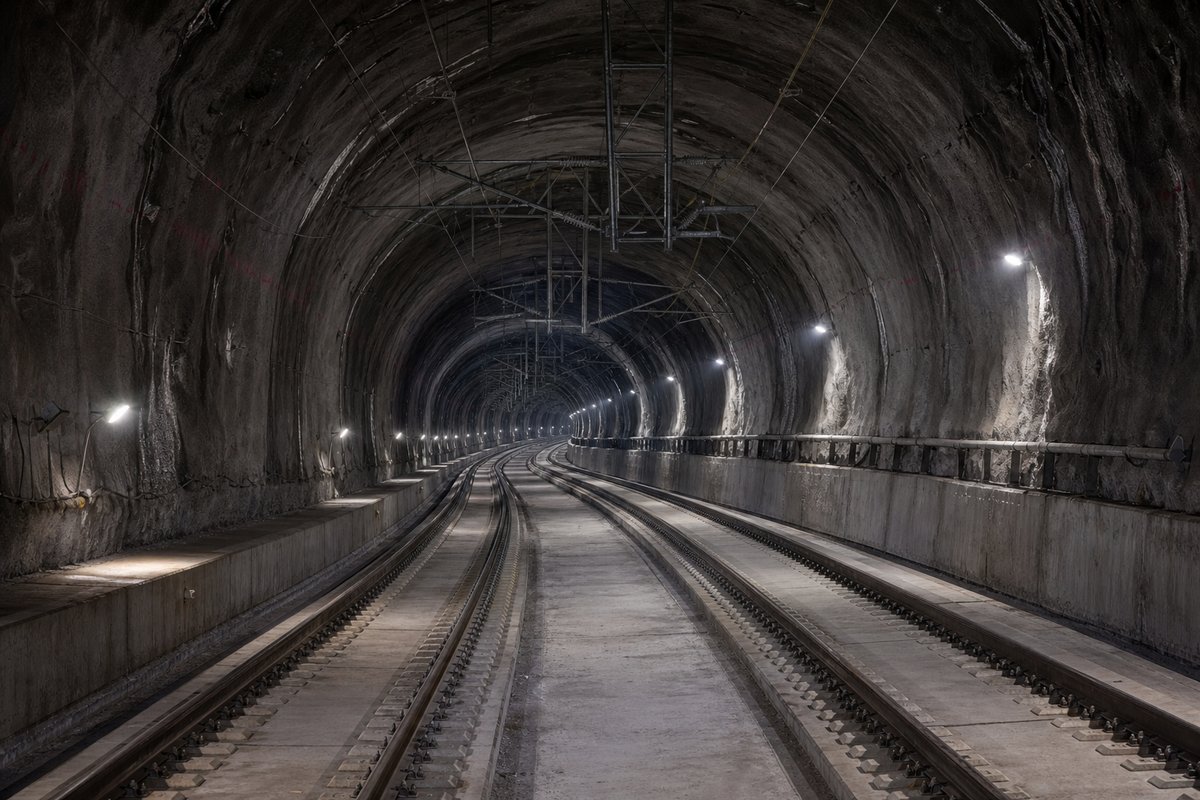 Double-track railway tunnel interior with ballastless slab track and catenary receding into darkness: a mountainous transport corridor, under low grey cloud. (AI-generated image)