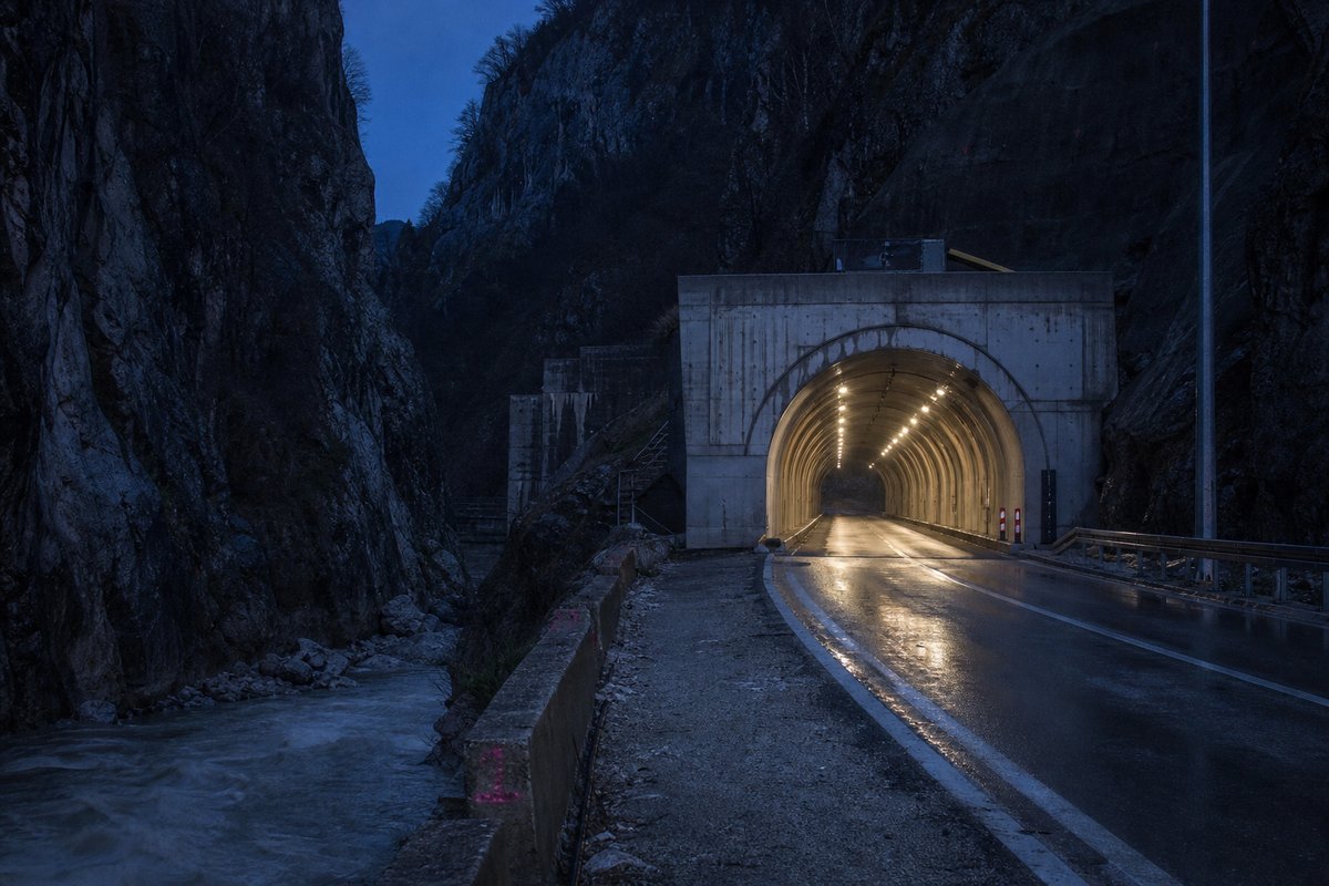 Road tunnel portal in Serbia: Balkan river gorge with a road tunnel portal, at blue hour with the portal lit, shot at 50mm, compressed. (AI-generated image)
