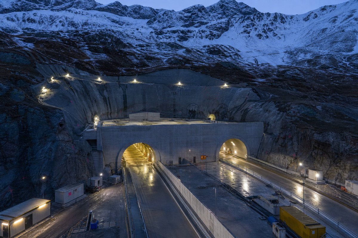 Transport infrastructure structure in Switzerland: high alpine valley, snow on the crags above a massive base-tunnel portal, at dusk with lights just on. (AI-generated image)