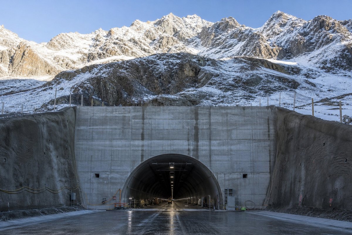 Road tunnel portal in Switzerland: high alpine valley, snow on the crags above a massive base-tunnel portal, in hard low winter sun, a dead-centre symmetrical composition. (AI-generated image)