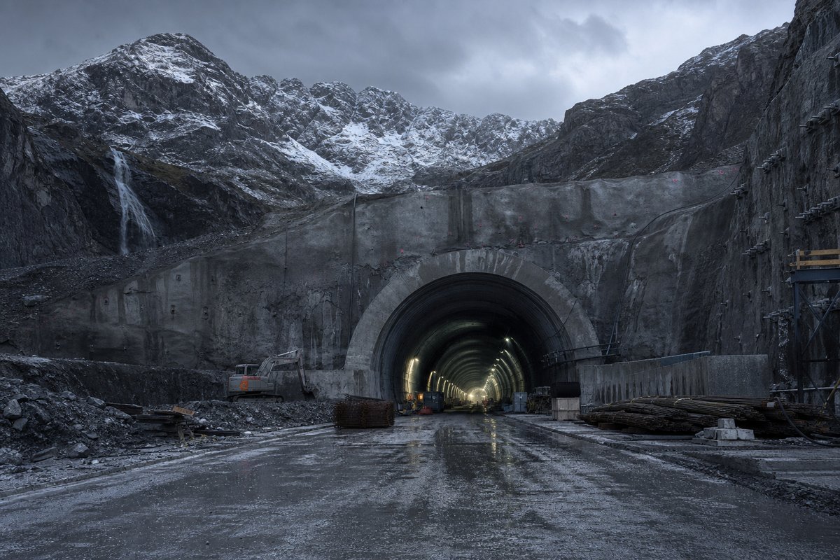 Road tunnel portal in Switzerland: high alpine valley, snow on the crags above a massive base-tunnel portal, under a heavy dark sky, shot at 35mm. (AI-generated image)