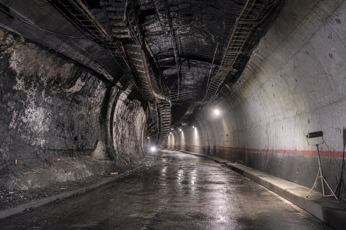 Road tunnel interior after a fire: heat-cracked lining, melted cable trays overhead, blackened ceiling, no vehicles, harsh work lighting. (AI-generated image)