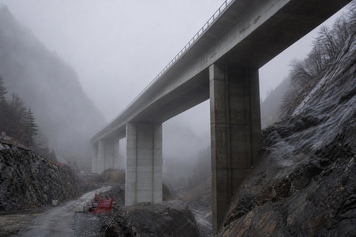 Long concrete box-girder autostrada viaduct on tall piers crossing an Italian valley, seen from below, in thin morning fog, shot at 50mm, compressed. (immagine generata con AI)