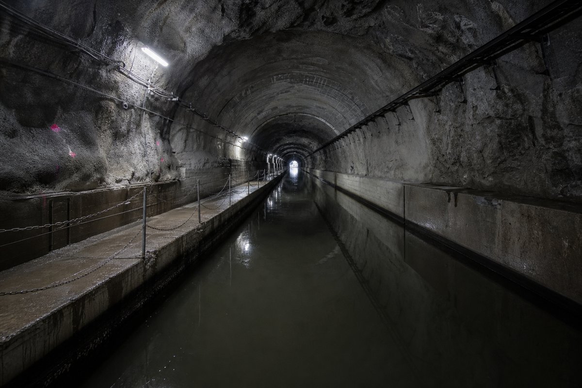 Narrow stone-lined canal tunnel over dark still water, the far end a small bright arch, under low grey cloud, shot wide at 24mm. (immagine generata con AI)