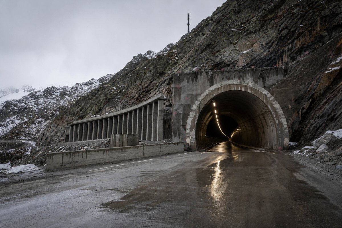 High alpine tunnel portal above the snowline, bare rock and thin cold air, avalanche gallery approach, in flat overcast light, shot wide at 24mm. (immagine generata con AI)
