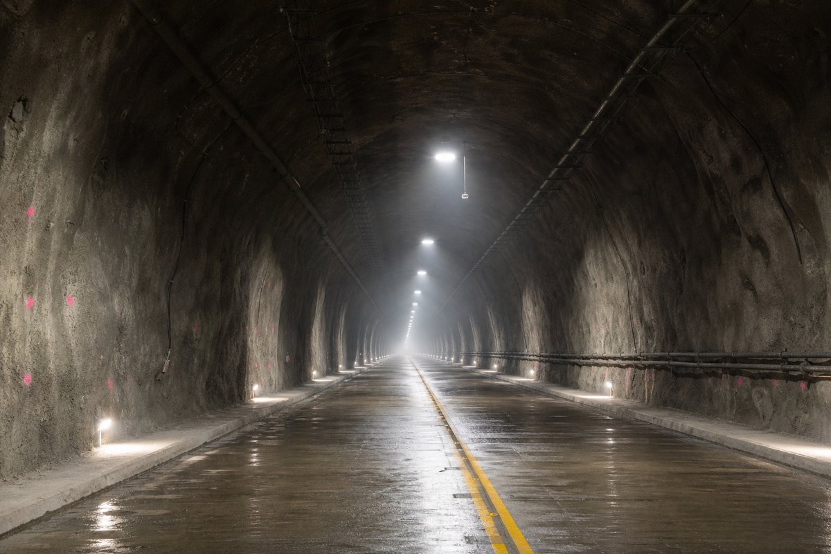 Looking down the axis of a very long two-lane road tunnel, ceiling luminaires receding to a bright point, in thin morning fog, shot at 35mm. (immagine generata con AI)