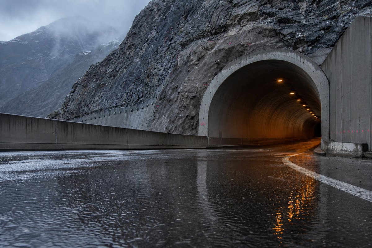 Wide establishing shot of a mountain transport corridor: a mountainous transport corridor, after rain, everything wet and reflective, a low camera position near the road surface. (AI-generated image)