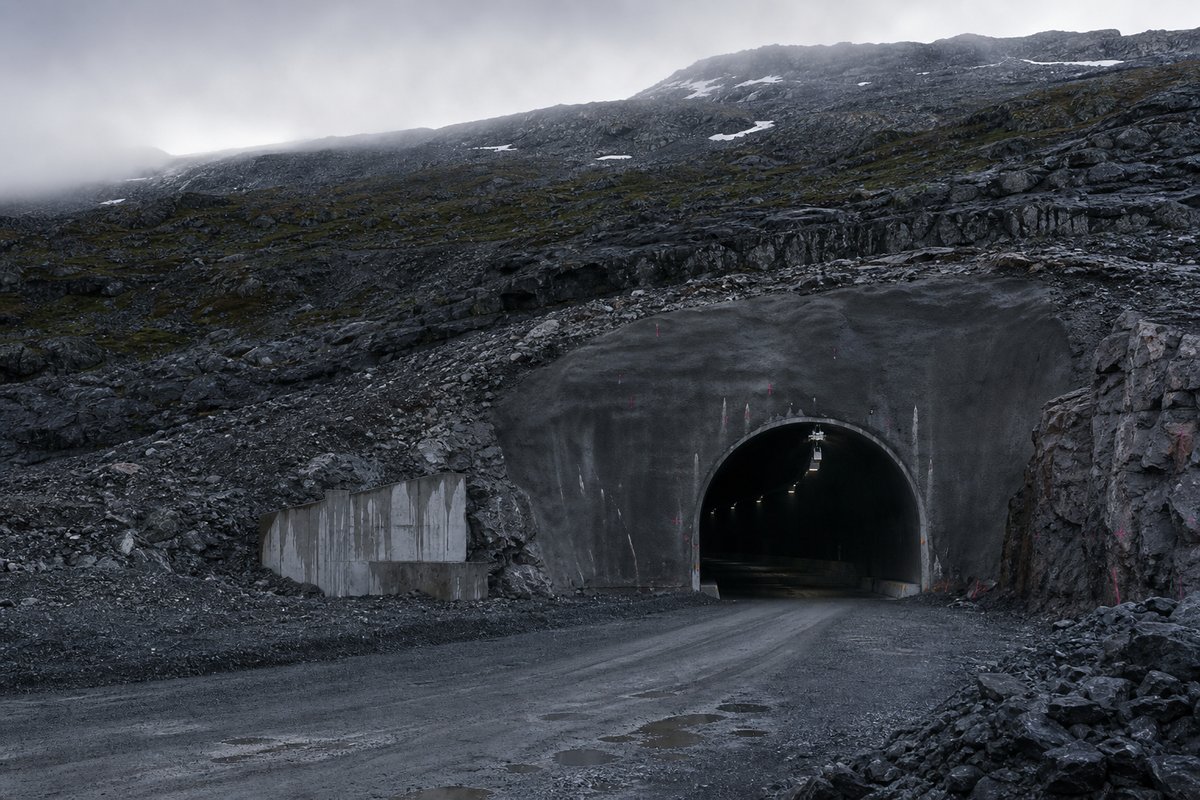 Bare high-mountain tunnel portal on a Norwegian plateau above the treeline in hard low light, under low grey cloud, shot at 85mm from a distance. (bilete generert med AI)
