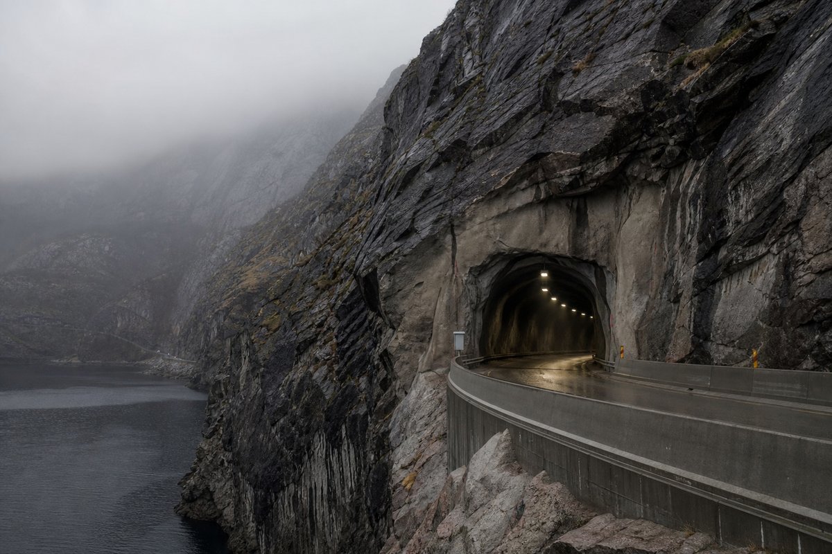 Rock-cut Norwegian tunnel portal in a steep granite fjord wall, dark water below, low cloud, in flat overcast light, shot at 50mm, compressed. (bilete generert med AI)