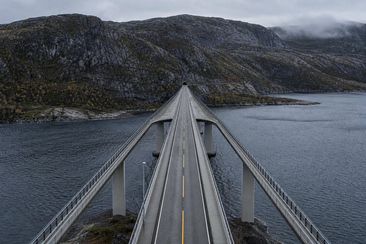 Long Norwegian fjord bridge on slender concrete piers in flat grey light, cold water beneath, in cold clear light, a dead-centre symmetrical composition. (bilete generert med AI)