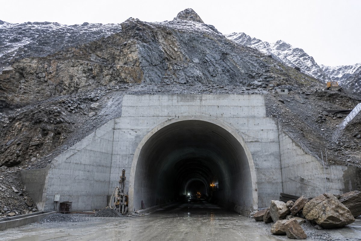 Himalayan highway tunnel portal at high altitude, bare brown rock, snow on the ridgeline above, thin clear air. (AI-generated image)