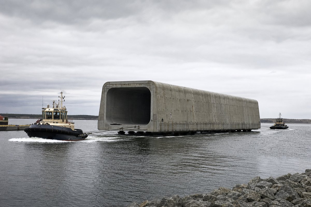 Huge prefabricated concrete tunnel element floating under tow on flat grey Baltic water beside a casting basin, low horizon. (AI-generated image)