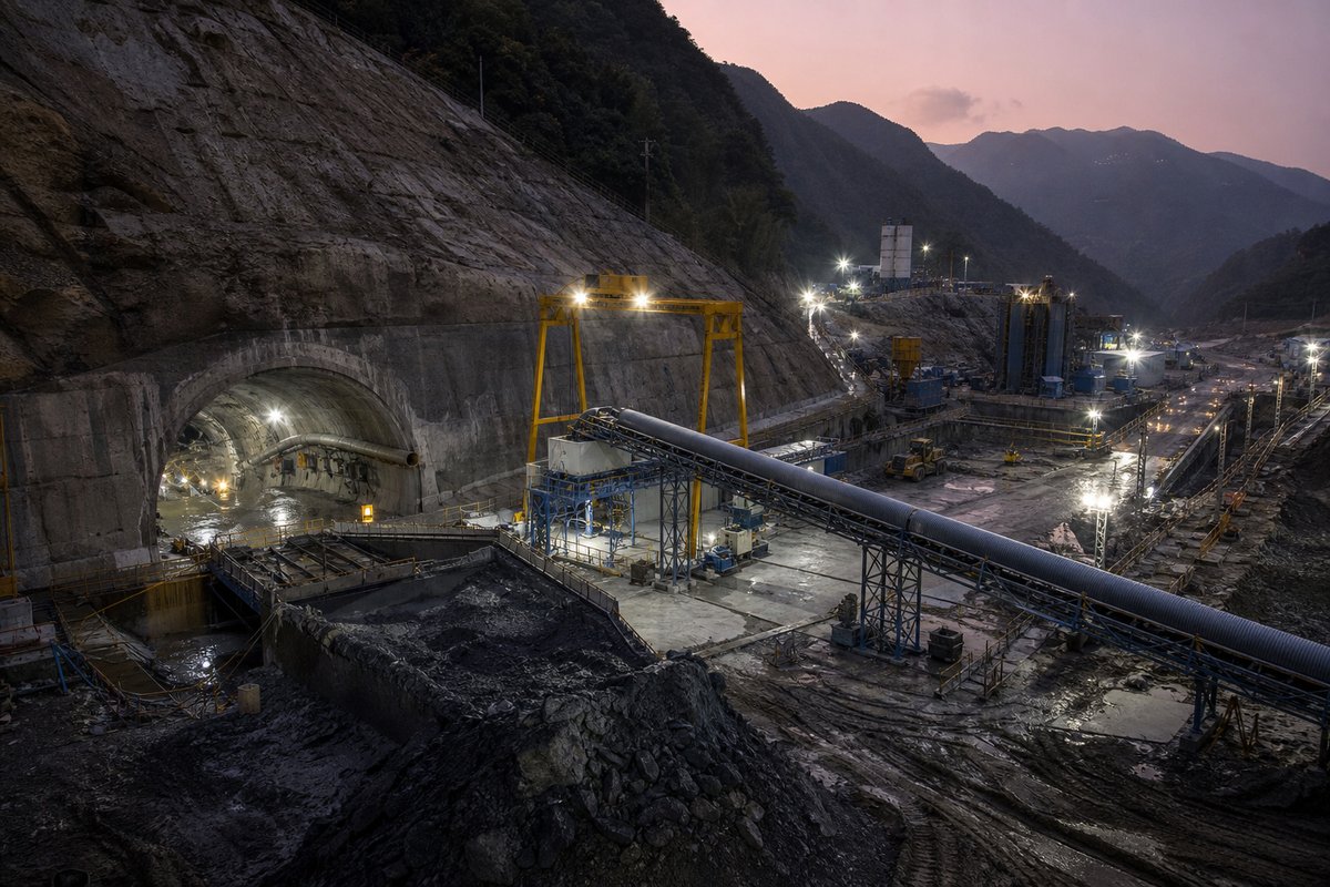 Vast tunnel construction site at dusk: portal excavation, gantry cranes, spoil conveyors and floodlights against a mountainside. (AI-generated image)