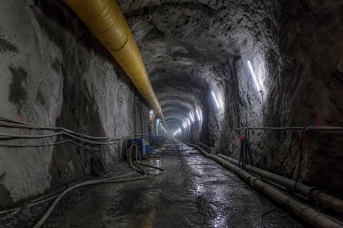 Steep rock tunnel bore descending below sea level under construction, wet blasted granite walls, pumps and cabling, work lighting. (AI-generated image)