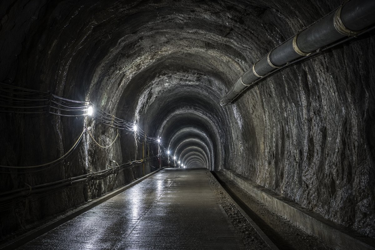 Steeply descending subsea tunnel bore, wet blasted rock walls, drainage channel running down the verge, lights receding downhill into darkness. (AI-generated image)