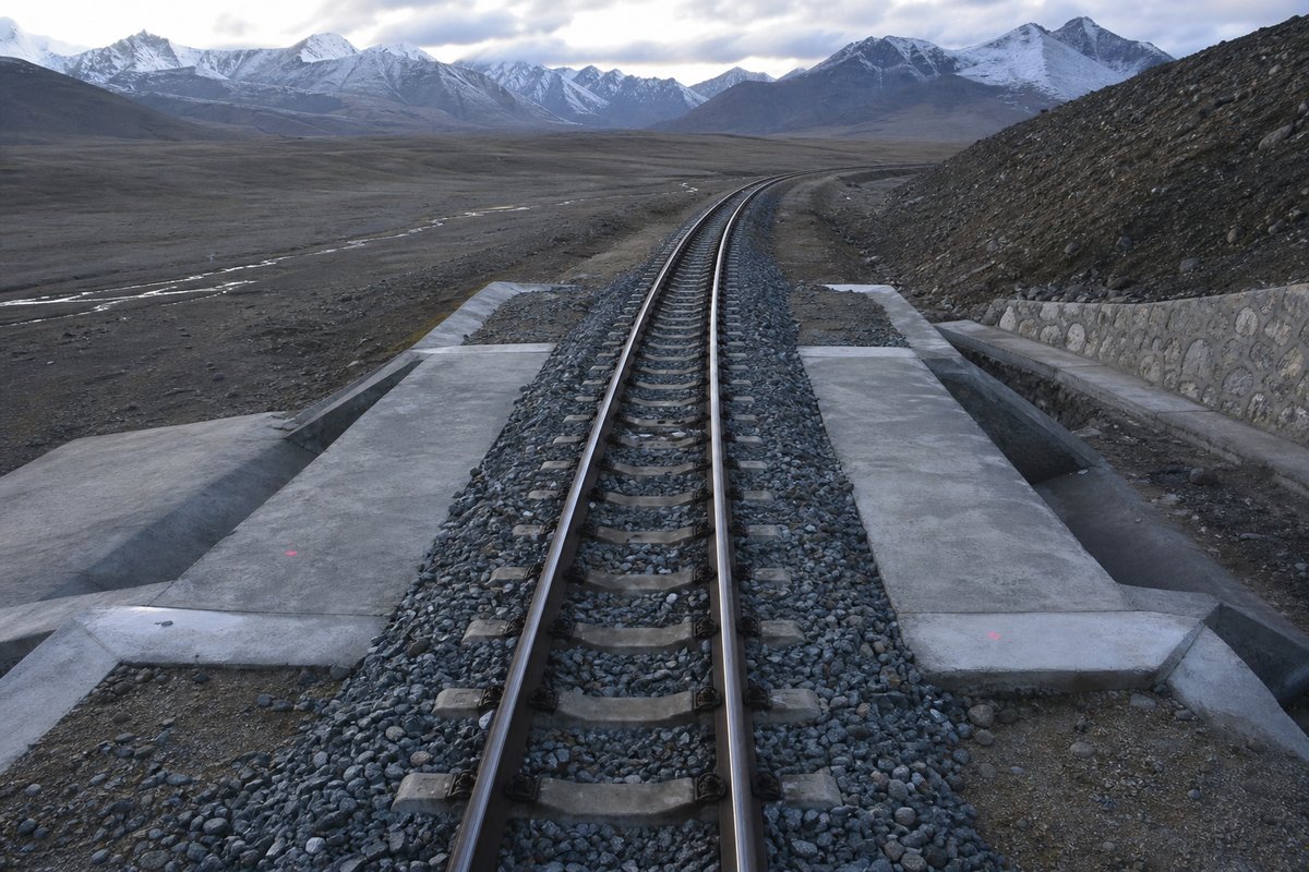 Single-track railway crossing a bare high-altitude plateau above the snowline, thin air, distant white peaks, cold clear light. (AI-generated image)