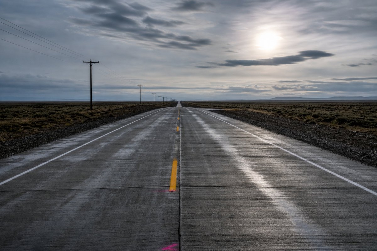 Empty two-lane highway running dead straight to the horizon across an immense flat plain, telegraph poles receding, hard low sun. (AI-generated image)