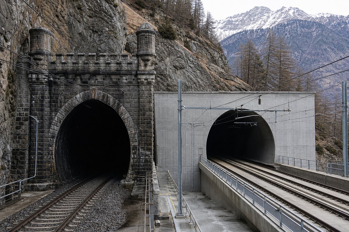 Nineteenth-century masonry railway tunnel portal beside a modern concrete base-tunnel portal in the same Alpine valley, cold clear light. (AI-generated image)