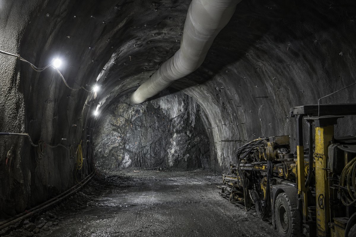 Tunnel heading mid-excavation: shotcrete-sprayed rock face, rock bolts, ventilation ducting overhead, plant lights raking the crown. (AI-generated image)
