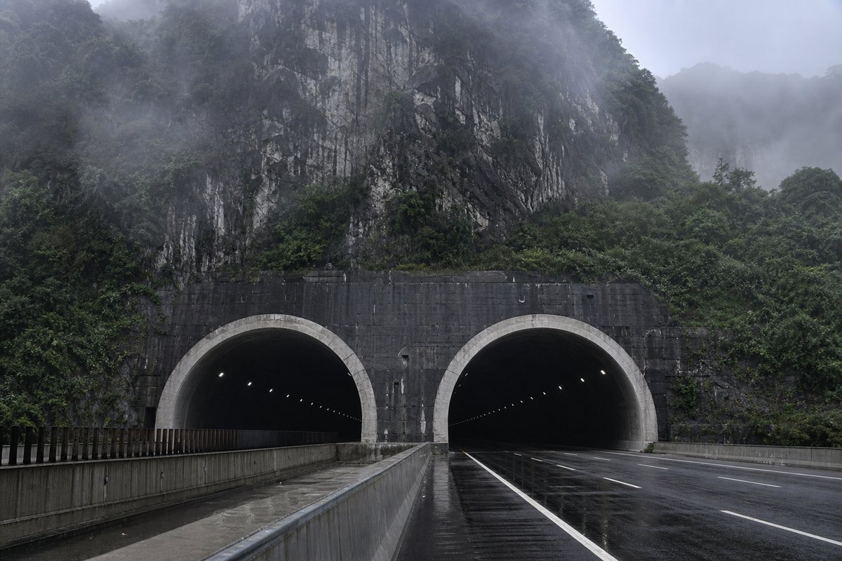 Broad new expressway tunnel portal cut into a mist-shrouded karst limestone cliff, subtropical vegetation on the slopes. (AI-generated image)