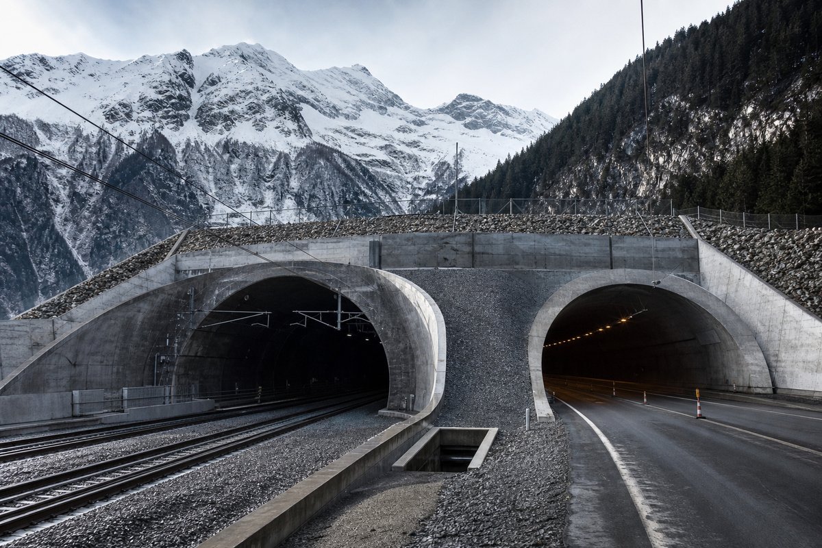 Alpine valley floor with a railway base-tunnel portal and a motorway portal side by side beneath snow-capped peaks, cold clear light. (AI-generated image)