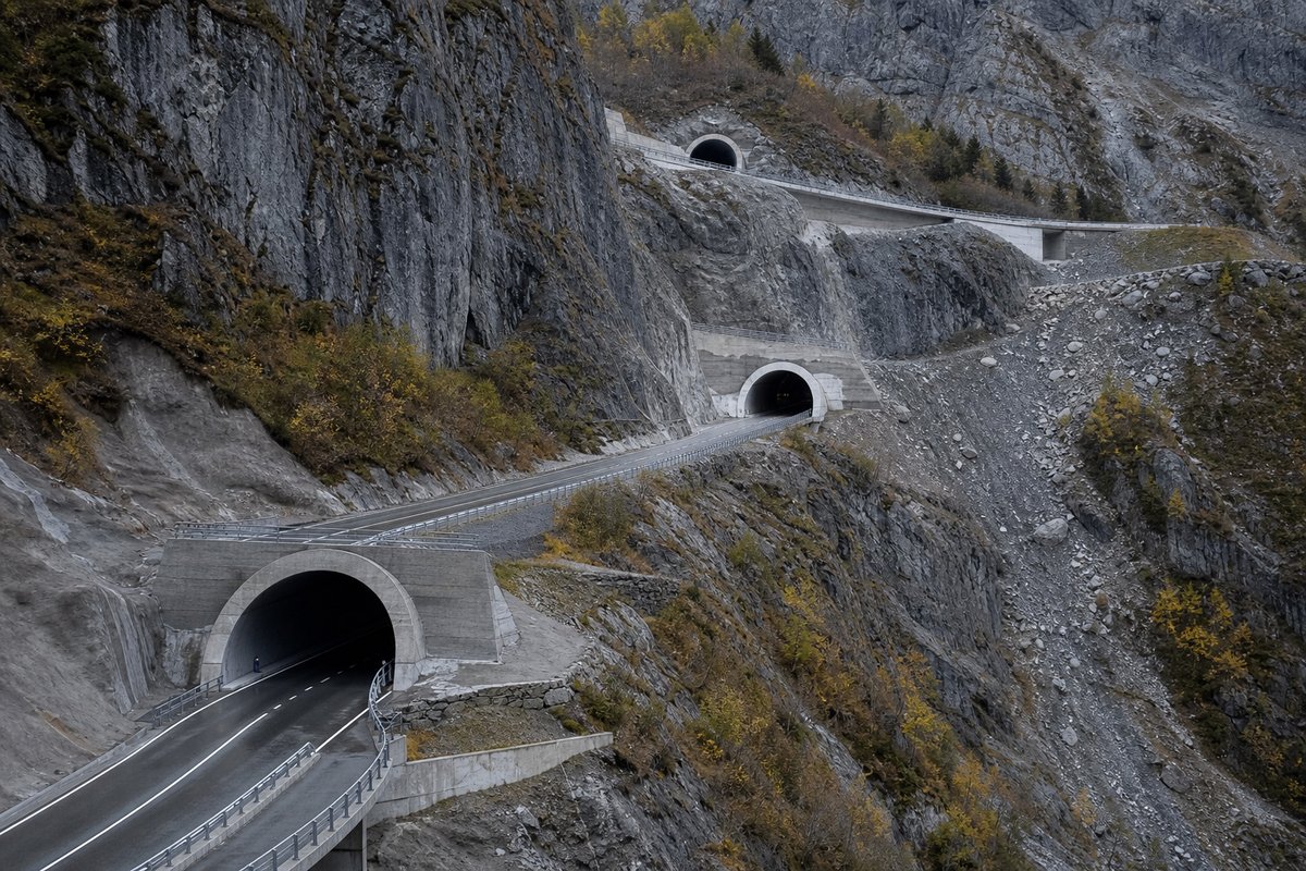 Wide aerial view of a mountain road corridor with three separate tunnel portals visible at different elevations on the same massif, flat overcast light. (AI-generated image)