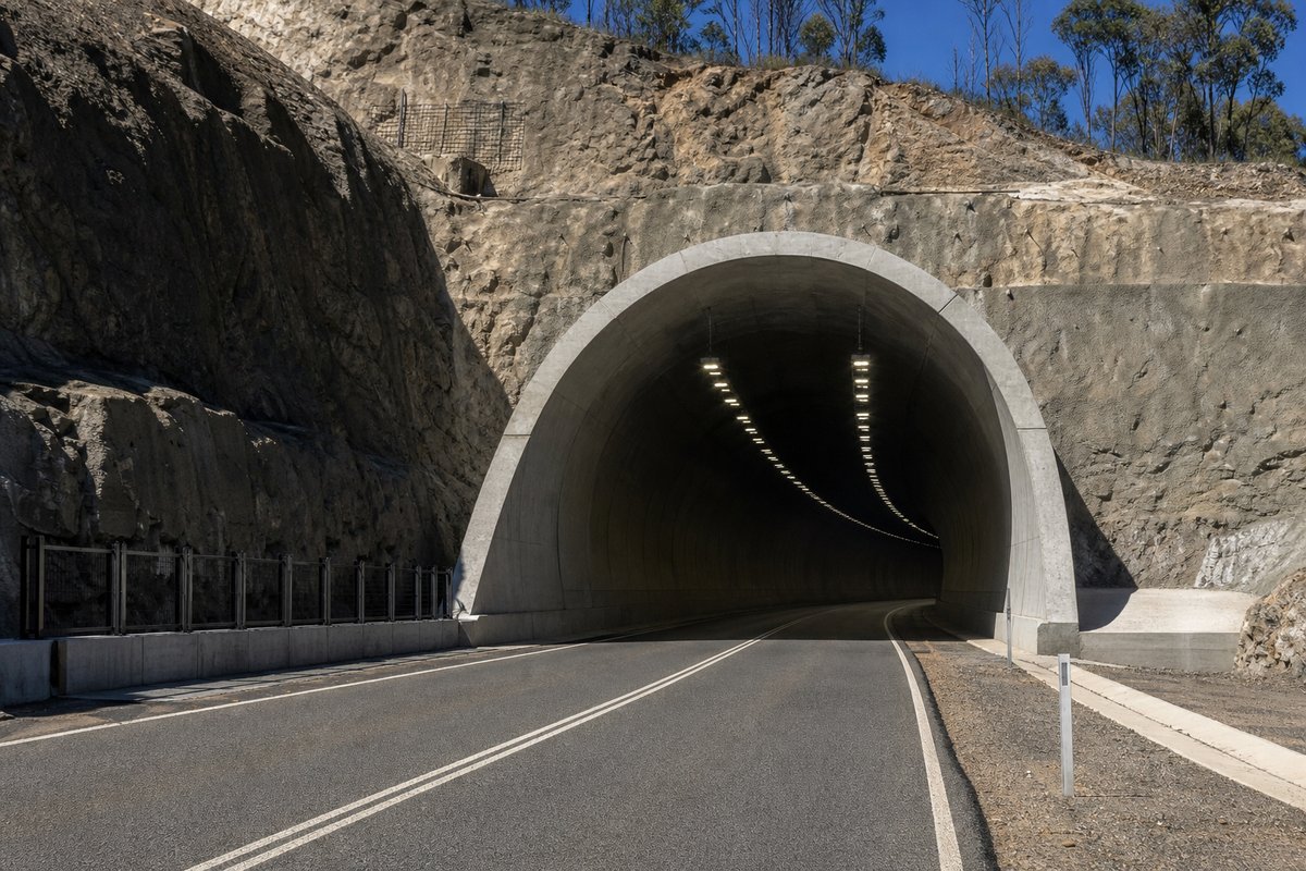 Rock tunnel mouth in a dry eucalypt sandstone cutting under a hard high sun, empty two-lane road approaching. (AI-generated image)